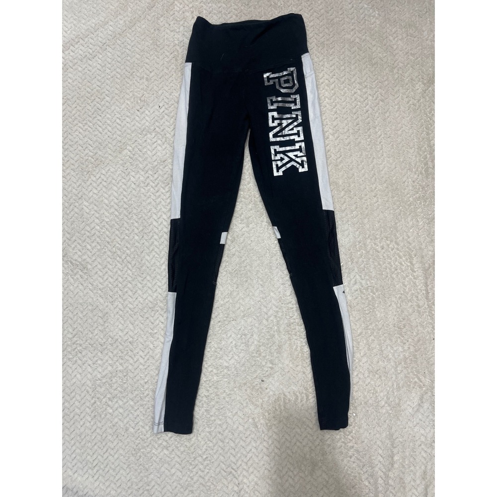 Victorias Secret PINK Yoga Leggings Black White Colorblock Mesh Logo XS
